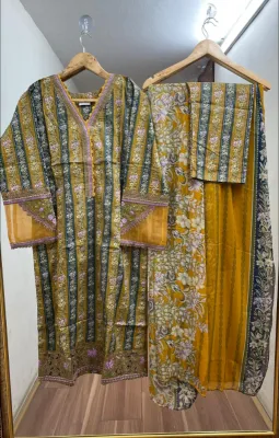 Pakistani Original Polawn Embroidered Stitched 3Pcs_Mustard 
